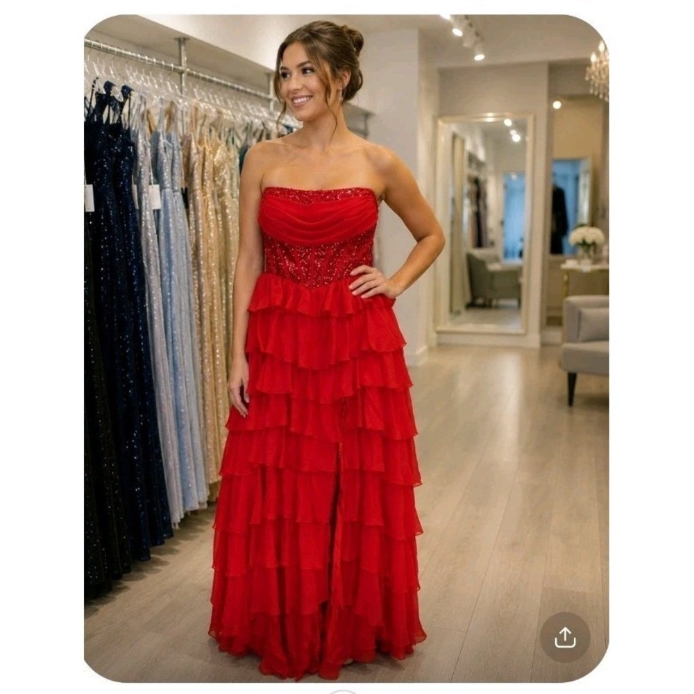 Formal Dress Red Sequin Corset Tiered Ruffle Strapless Gown Size 18W NWT
